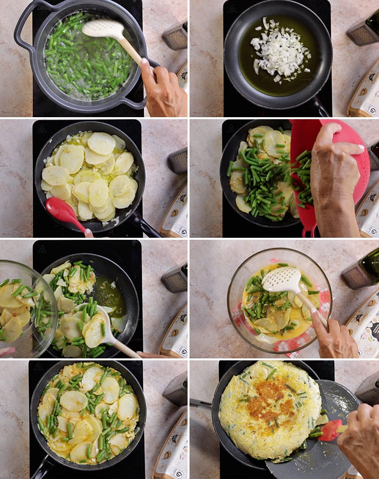 tortilla de patatas con cebolla y judías verdes